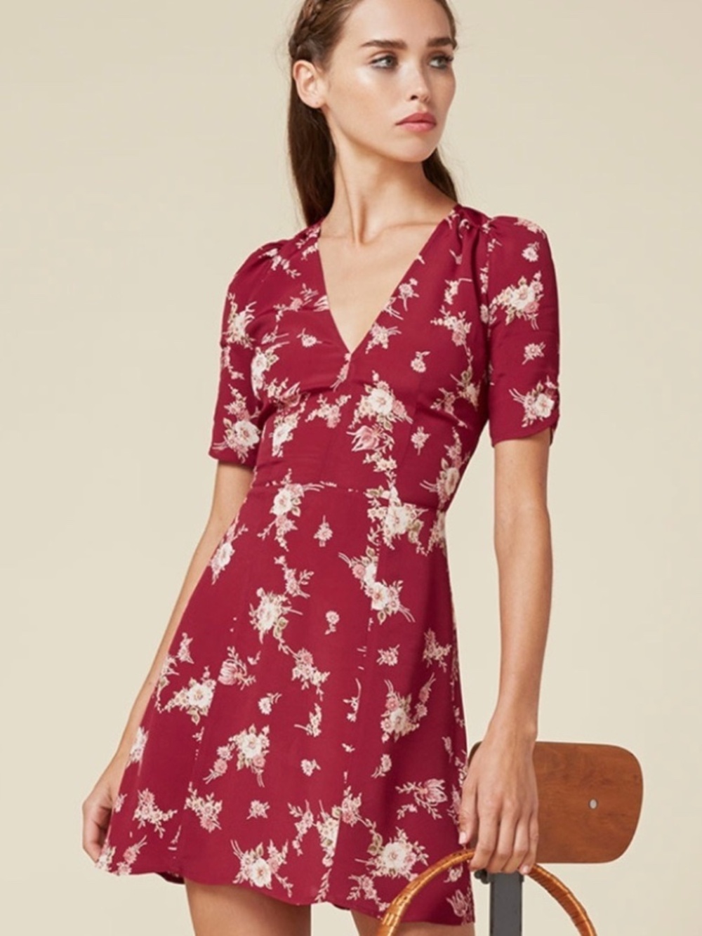 Reformation Red White Floral Rhoda Fitted Bodice V-Neck Mini Dress 4